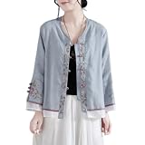 Snjiaheim Damen Baumwolle Hemden Retro Chinesisch T-Shirt Lose Bluse Vintage Chinesischer Stil Puppenkragen Langarm Bluse-Blau|||L
