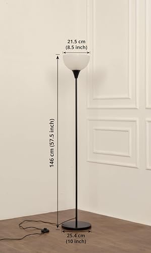 Image of Divine Trends Uplighter Black Polished Floor Lamp for Living Room with Frosted Glass Lampshade | Includes LED Warm Bulb | Hidden Wire Design | Uplight Corner Standing Lamp for Home | Pack of 1