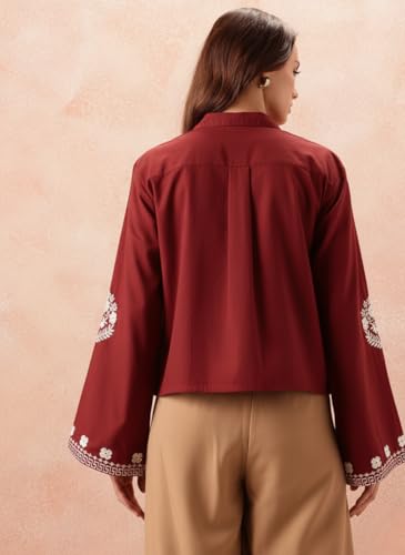 Image of Bee M Pee Designer Women's Embroidered Korean Crop Shirt | Full Bell Sleeves Western Tops for Woman Stylish | Oversized Formal /Casual /Office Wear Cotton Shirts Top for Women