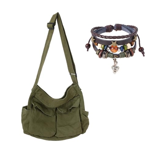 Canvas Messenger Bag with Fairy Grunge Bracelet,Grunge Bag Hobo Crossbody Shoulder Bag for Women Multilayer Leather Beaded Bracelets Fairycore Jewelry Fairy Grunge Accessories