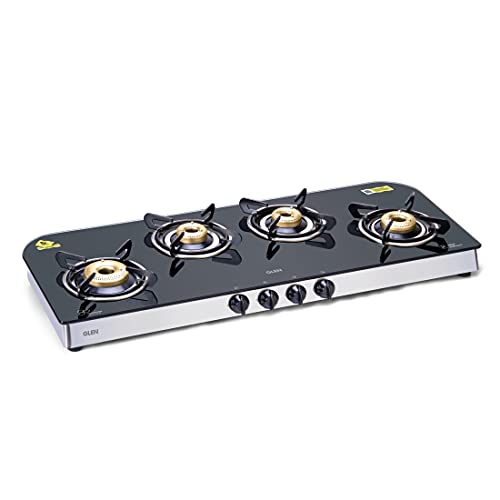 Glen 4 Burner LPG Toughened Glass Gas Stove with High Flame Forged Brass Burner, 5 years warranty on glass, valve and burners, (1049 GT FB Black) Open