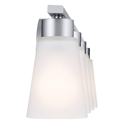 Image of Kichler Stamos 4-Light Bathroom Vanity Light Fixture with Satin Etched Glass Shades, 26 in Modern Wall Light in Brushed Nickel for Bathroom Mirror (26 in x 8 in x 5 in), 55122NI