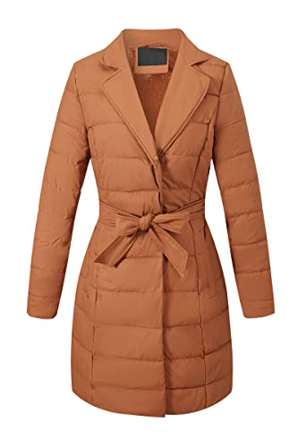 Bellivera Women's Winter Puffer Jacket Cold-Resistant Patchwork Plush Lining Coat with Removable Fur Collar Hooded and Belted