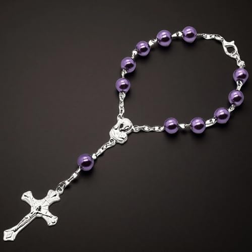 Catholic Purple Rosary Bead Bracelet Virgin Mary Cross Rosary Bead Bracelet for Car Hanging Baptism4