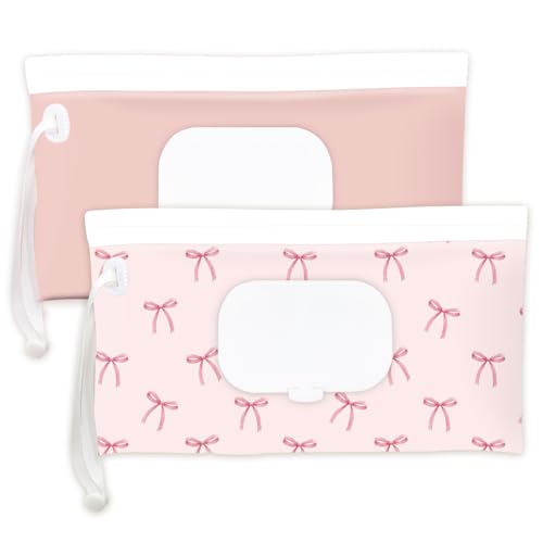 Image of eoscasely Wipe Dispenser and Wipes Container, 2 Pack Reusable Wipes Holder and Travel Wipes Case, Refillable Pouch for Baby Essentials, blush& bow Design (Blush)