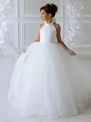 Flower Girls Satin Tulle Princess Pageant Dress for Wedding Halter Pearls Prom Ball Gowns with Bow-Knot2