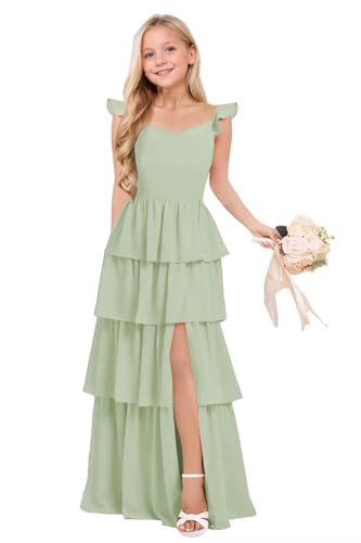 Clothfun Tiered Chiffon Junior Bridesmaid Dresses Flutter Sleeve Flower Girl Dress for Wedding CY2564