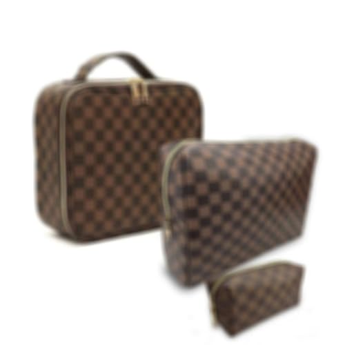 Brown Checkered Makeup Bag Set
