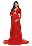 ZIUMUDY Maternity V Neck Chiffon Photography Gown Long Sleeve Lace Stitching Maxi Dress for Baby...