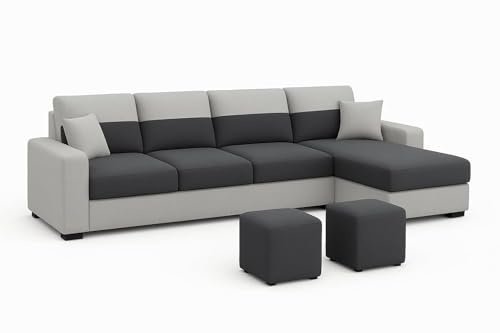 Image of Premium Velora 5 to 6 Seater Fabric RHS with 2 Ottoman L Shape Sofa Set for Living Room | with Velvet Fabric | 3-Year Warranty in Dark Grey & Light Grey Color