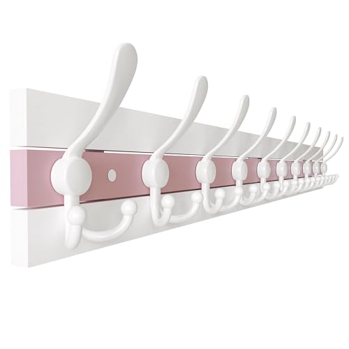 Image of SKOLOO Coastal Wall Mounted Coat Rack - 38-1 /8 inch Beach House Entryway Wooden Coat Hook with 10 Hooks for Hanging Coats, Hats or Towels, Oceanfront Cottage Core Collection, White & Palm Beach Pink