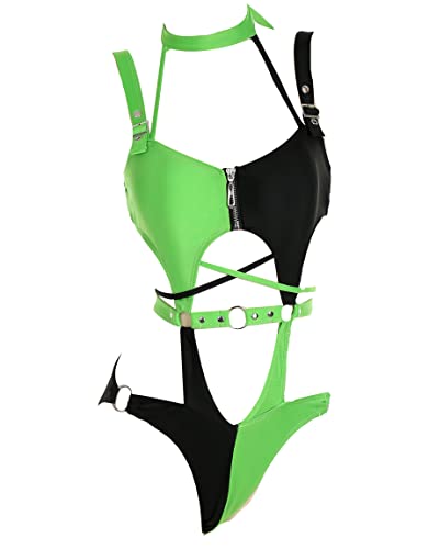 MEOWCOS Women's One Piece Swimwear Gothic Swimsuit Green and Black Spliced Cutout Bathing Suit