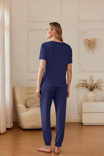 Image of Ekouaer Pajamas for Women Set 2 Pack Lounge Set Short Sleeve Pjs Joggers Long Pants Loungepwear with Pockets
