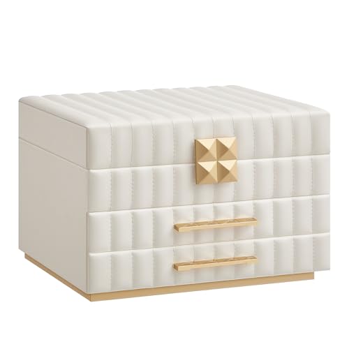 SONGMICS HOME 3-Tier Jewelry Box with Mirror, Jewelry Organizer with 2 Drawers, PU Surface with Stitching, Floating Effect, 8.5 x 9.4 x 6.2 Inches, Cloud White, ANAH Collection UJBC183W01