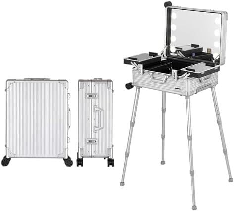 Profesional de gran tamaño Estuche de maquillaje con ruedas Estuche de tren de maquillaje con carrito de aluminio con luces LED Estuche de maquillaje cosmético profesional Estudio con soporte Luces ro