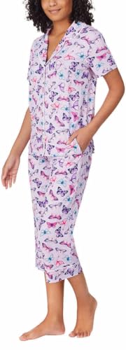 Image of Room Service Womens 2-Piece Lightweight Short Sleeve Notch Collar Crop Pants Pajama Set