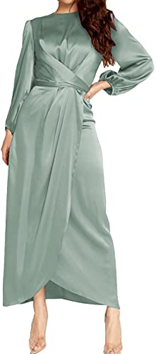 PINUPART Women s Elegant Empire Waist Long Sleeve Satin Maxi Dress L Sage Green