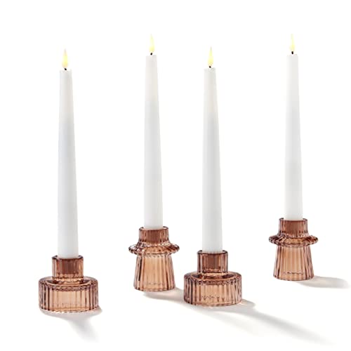 Amber Glass Candle Holders - Set Of 4, Taper Candlestick Holder, Two Different Sizes, Modern Fluted Design, Gold Colored Glass, Decorative Centerpiece For Wedding Table Or Fall Home Decor #TOP4