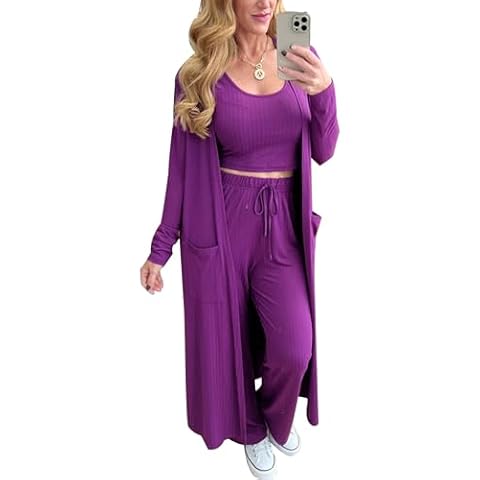 LEMOSEW Women 3 Piece Outfits Set Ribbed Sweatsuit Lounge Pajamas Set Cardigan +Crop Tank Tops +Wide Leg Pants Sets Cover