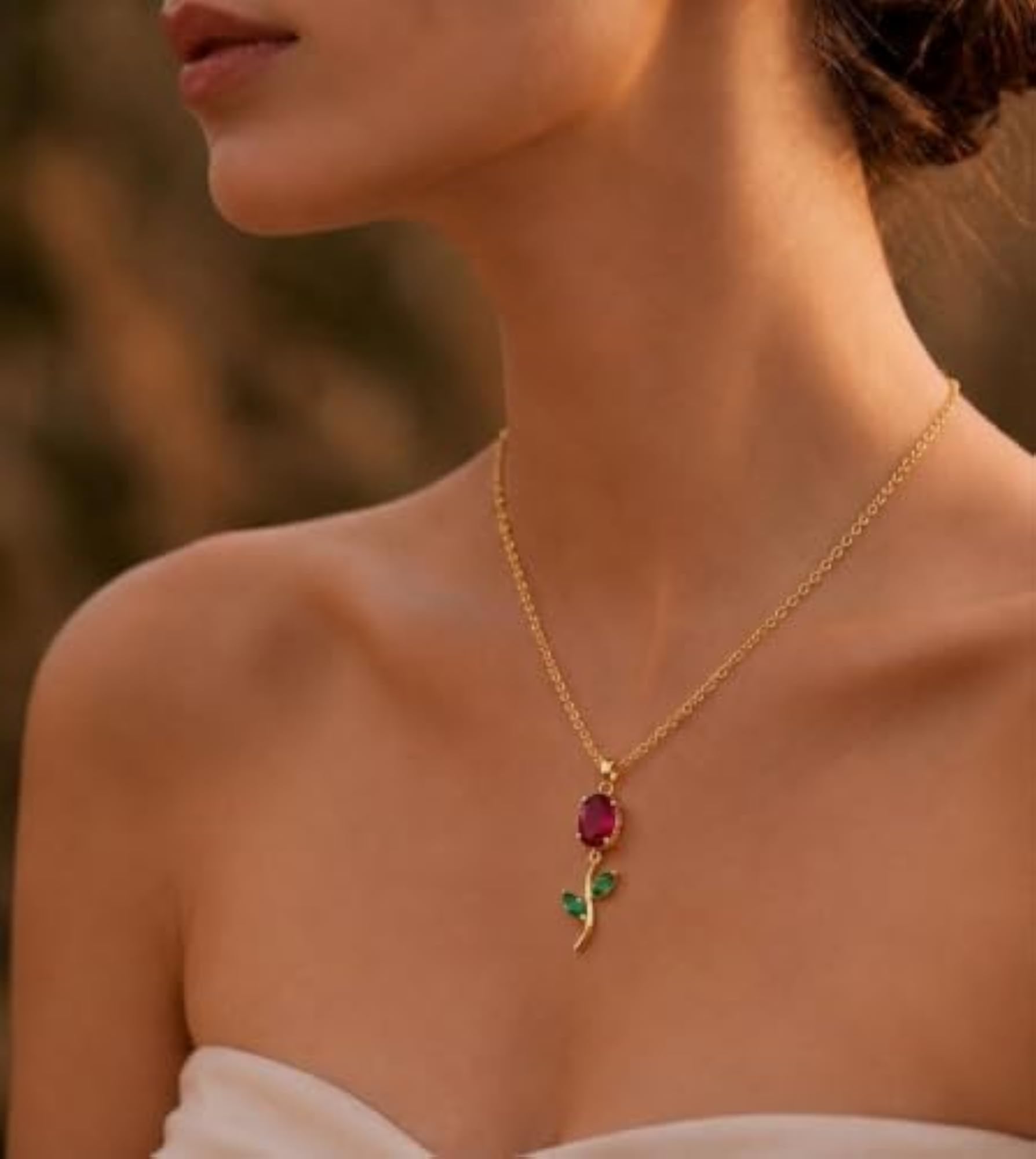 Women's Gold-Plated Green Crystal Leaf Pendant Necklace