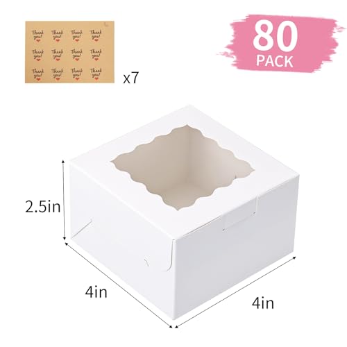 Moretoes White Bakery Boxes with Window 4x4x2.5in 80pcs Cookie & Cake Treat Boxes