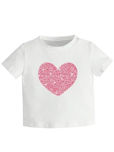 OYOANGLE Girl's Heart Print Summer Tee Shirt Short Sleeve Round Neck T-Shirts Graphic Tees