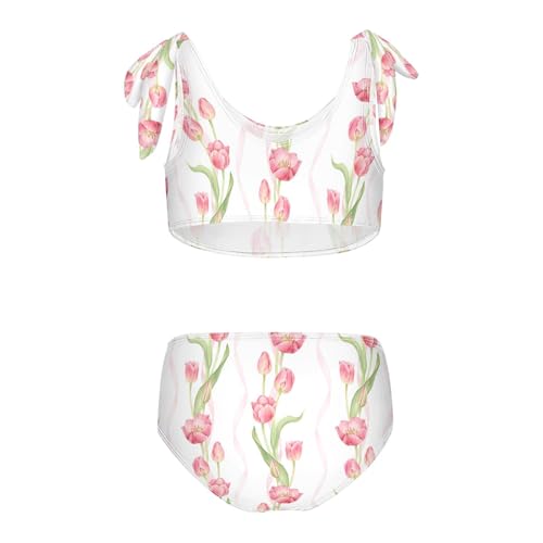 Girls Pink Tulips and Ribbons Patterns Swimsuit Two Pieces Bikini Set Bathing Suits Swimwear Crop Top Swimsuit Set2