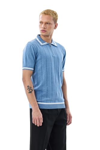Image of SNITCH Men's Polo Shirt | Textured Knit Design with Half-Zip Closure | 100% Cotton Fabric for Breathable Comfort | Casual Wear with Reinforced Shoulder Panels