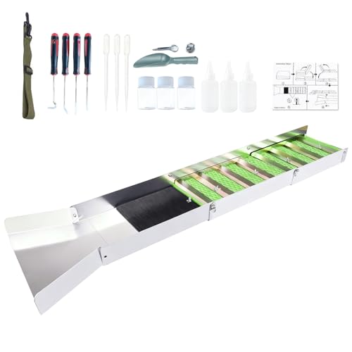Faltbar Goldwaschrinne aus Aluminiumlegierung, 127 cm lang (Enden 23cm/35cm), 17 Stück Komplettes Goldwaschset mit Rinnwerkzeugen, Snuffer Flaschen und Pipetten zum Trennen von feinem Gold und Schutt