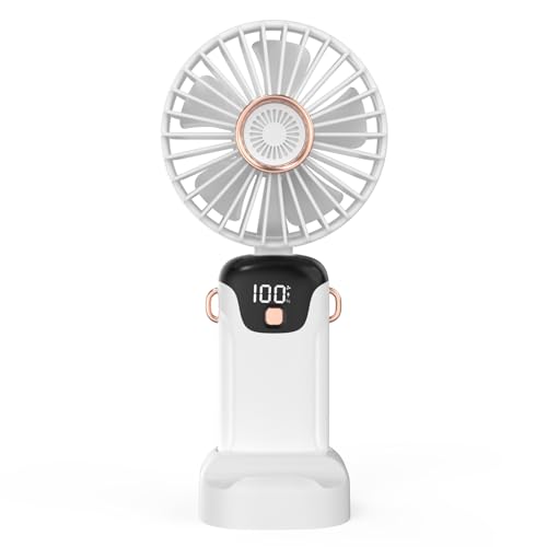 Ventilador portátil mini ventilador eléctrico de mano con pantalla LED Sceen batería, soporte de 5 velocidades de viento ajustables, funcionamiento silencioso, mango plegable, cubierta desmontable