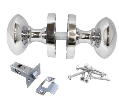 Epsom Door Handle Polished Chrome Victorian Style Round Door Knob Set with 63mm Tubular Latch Sprung Internal & External Door Knobs (1 Pair)