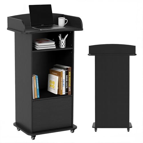 Podium Stand Portable with Wheels Classroom Lectern for Teacher with Adjustable Storage Shelf Mobile Rolling Church Pulpits Office Wooden Reception Desk Host Stand for School ConferenceBlack