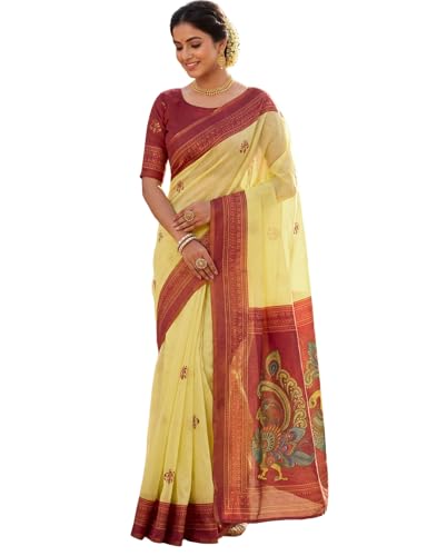 Image of SIRIL Women's Printed Cotton Linen One Minute Ready to Wear Saree With Unstitched Blouse Piece