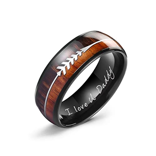 LerchPhi 8mm Black Tungsten Carbide Ring, KOA Wood Inlayed Arrow Band, Personalized Engraved Wedding Rings for Anniversary, Comfort Fit Wedding Band