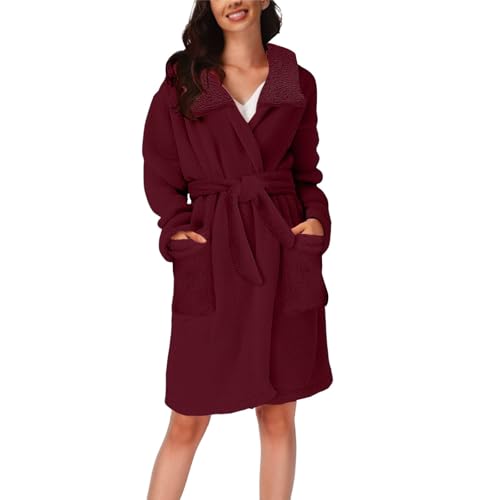 Albornoz de baño con capucha para mujer, de forro polar, de lujo, de gran tamaño, con cinturón, cuello abatible, longitud a la rodilla, ropa de descanso, suave, cómoda, con bolsillos, ropa de dormir