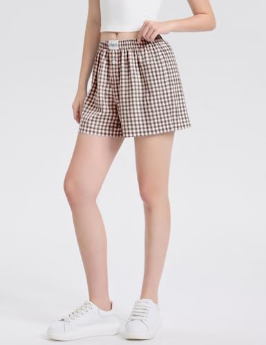 Image of LOMON Womens Boxer Shorts Casual Summer 2026 Pajama Lounge Sleep Pj Gingham Plaid Shorts Y2K Beach Bottoms