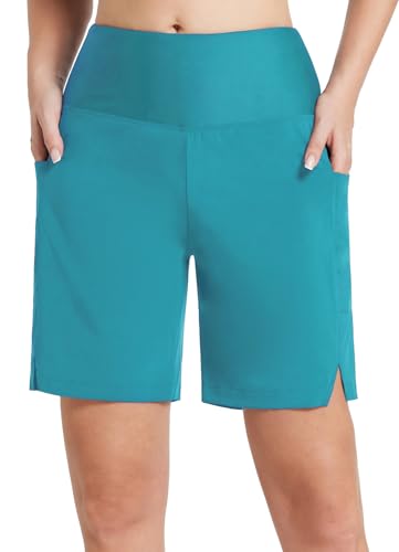 baleaf Badeshorts Damen Lang Knielang Schnelltrocknend Badehose UV Schutz UPF 56+ Schwimmhose Hohe Taille Boardshorts mit Innenslip und Taschen Küstenblau 3XL
