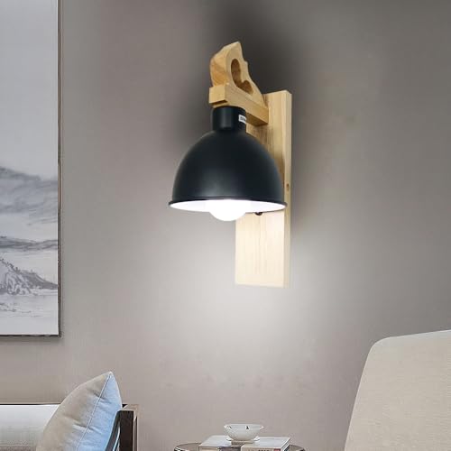 Aplique de pared negro E27 de diseño moderno y base de madera para iluminación de interior 6