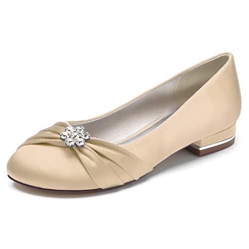 Women's Ballet Flats Soft Round Toe Rhinestone Wedding Ballerina Shoes Sparkly Comfort Slip on Flat Shoes for Women Classy Dress Shoes,Champagne,9 US