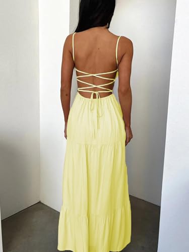 Image of Womens Y2k Long Dress Spaghetti Strap Low Cut Dress Casual Backless Flowy Maxi Dress Clubwear