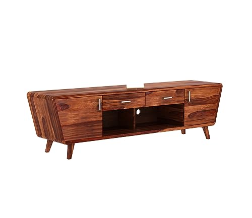 Image of Premium Solid Sheesham Wood TV Unit for Living Room - 2 Drawers, 2 Shelves, and 2-Door Storage - Fits up to 60-Inch TV (Easton, Honey Finish)