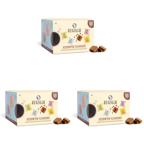 Image of Bevzilla 60 Assorted Instant Coffee Cubes Pack with Date Palm Jaggery, 4 Flavours, Arabica Coffee, Zero Refined Sugar, Real Ingredients, No Preservatives, Drop Stir and Enjoy|Enjoy Hot & Cold
