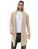COOFANDY Long Hooded Cardigan Men Open Front Ruffle Shawl Kimono Cardigan Longline Drape Cape Khaki
