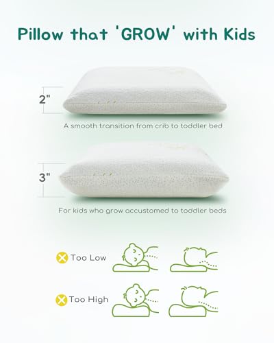 Image of Toddler Pillow, Adjustable Memory Foam Small Pillow for Toddler 2 Years & Above, 13 inch x 18 inch Mini Size for Kid Sleeping, Napping or Traveling, Washable No Zipper Pillowcase, Green