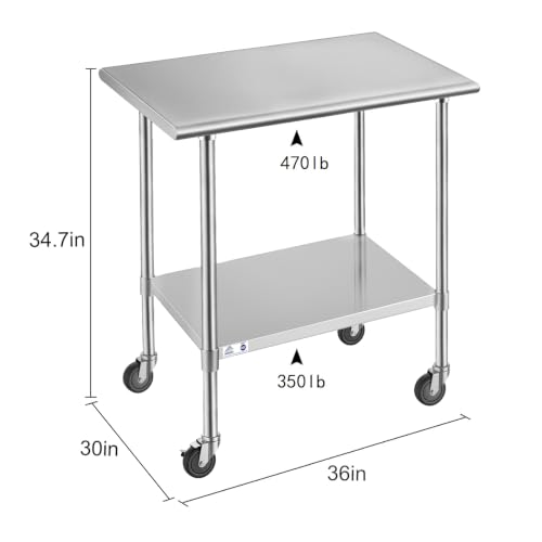 Image of ROCKPOINT Stainless Steel Table for Prep & Work with Caster Wheels 30x36 Inches, NSF Commercial Heavy Duty Table with Undershelf and Legs for Restaurant, Home and Hotel