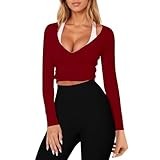 IYOWEL レディース バレエラップトップ タイフロント 長袖 ワークアウト ヨガ ピラティス シャツ Y2K コケット トップス お出かけ, レッド, Small