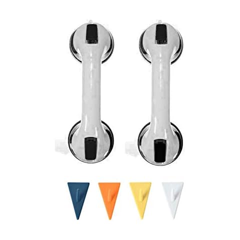 FChome （2 Pack）Shower Wall Suction Cup Grab Bars with 4 pcs Self-Adhesive Hooks, Bathroom Balance Bar-12 Inch Shower Handle Bar Offers Safe Grip with Strong Hold Suction Cup for Safety Grip Grab,Black Cover