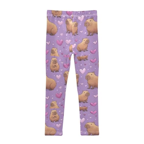 Cute Capybara Purple Hearts Girls Leggings Kids Yoga Pants Dance Active Tights 4T2