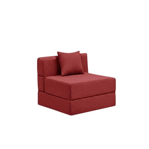 Image of Modern Jute Fabric Sofa Cum Bed with Cushion | 1-Seater Convertible Sleeper Sofa | Space Saving Folding Couch for Living Room, Bedroom & Guest Room-Red