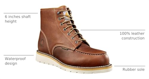 Image of Carhartt 6 inch Moc Toe Waterproof Work Boots for Men - Oil-Tanned Leather Boots with FastDry Lining, Dual-Density Rubber Wedge Traction Outsole, EH Rated